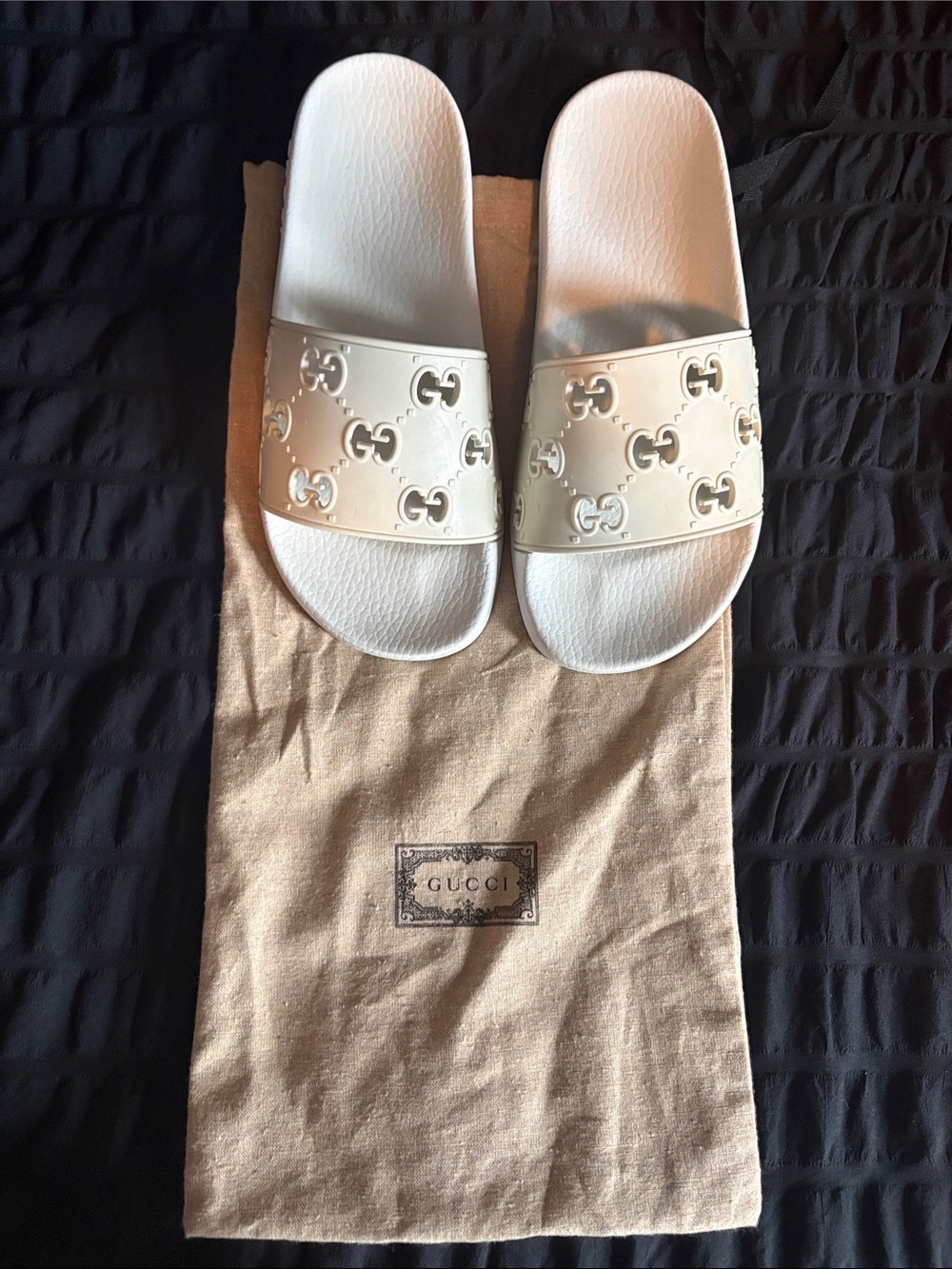 Gucci Womens White GG Embossed Slide Sandals